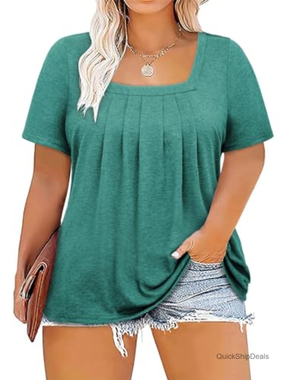 Plus Size Tunic Top Short Sleeve Square Neck Loose Fit Summer Shirt for Leggings